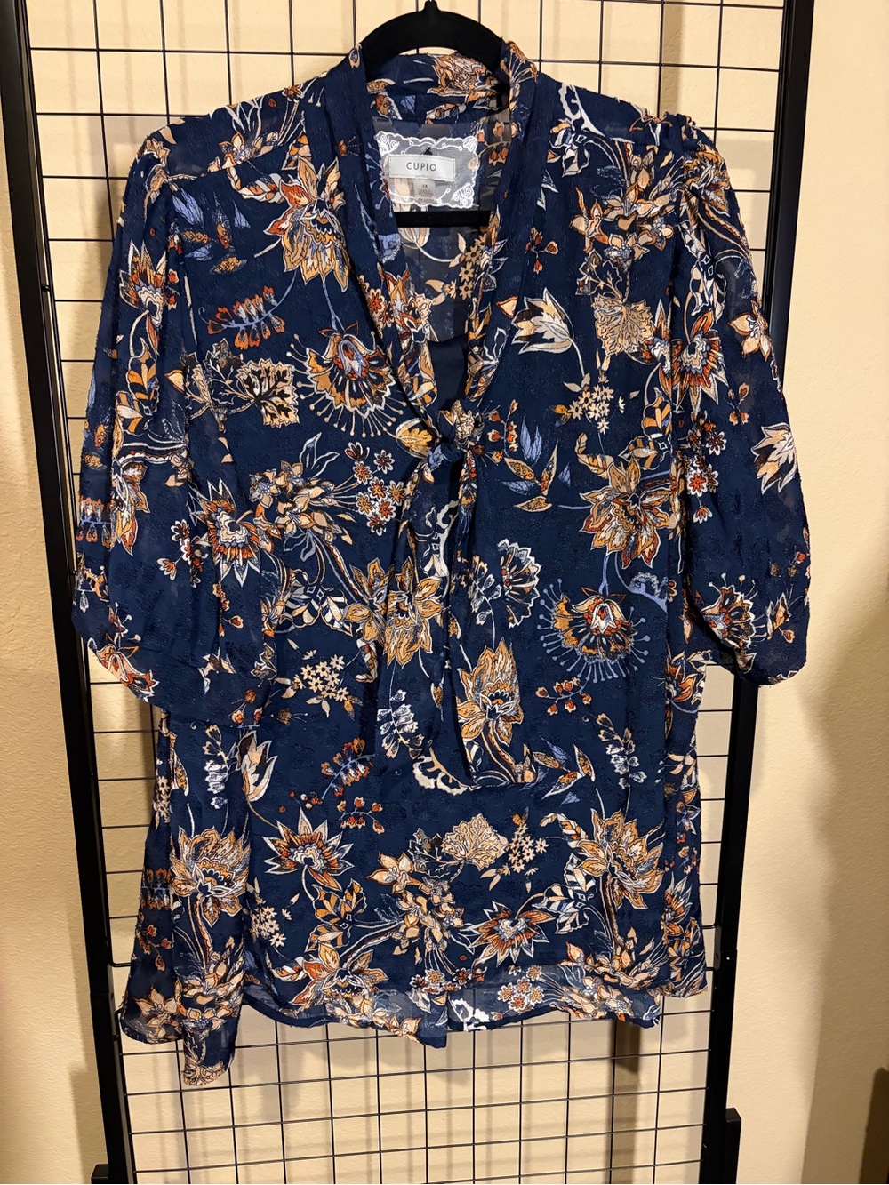 Cupio Navy Floral Tie-Front Blouse with Puff Sleeves Fall Colors 3x